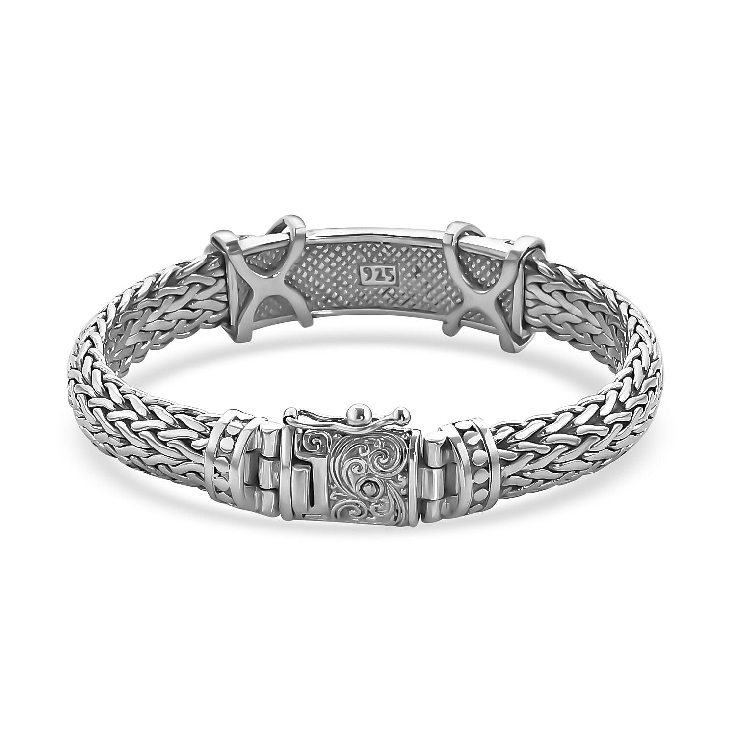 Royal Bali Collection - Carved  Green Jade Bracelet (Size - 7.5) in Sterling Silver 23.70 Ct, Silver Wt 63.00 GM