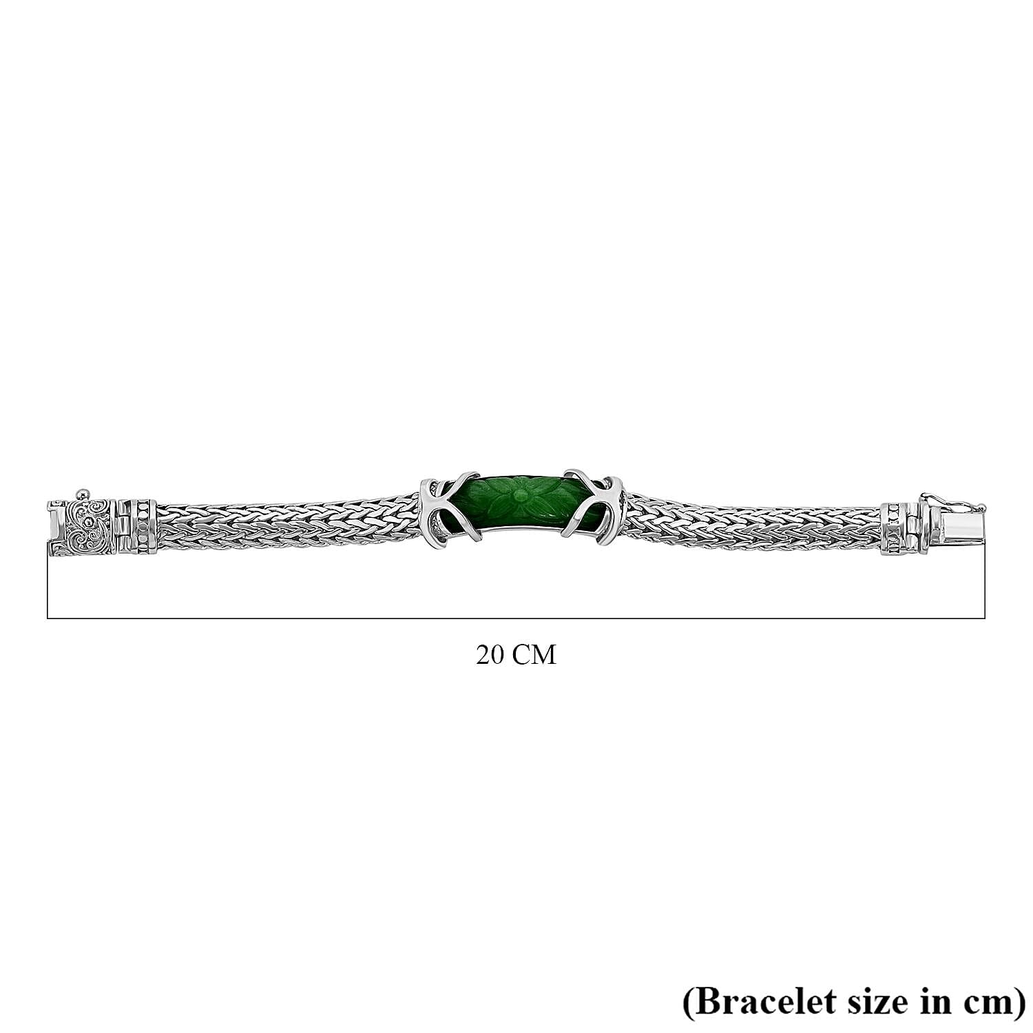 Royal Bali Collection - Carved  Green Jade Bracelet (Size - 7.5) in Sterling Silver 23.70 Ct, Silver Wt 63.00 GM