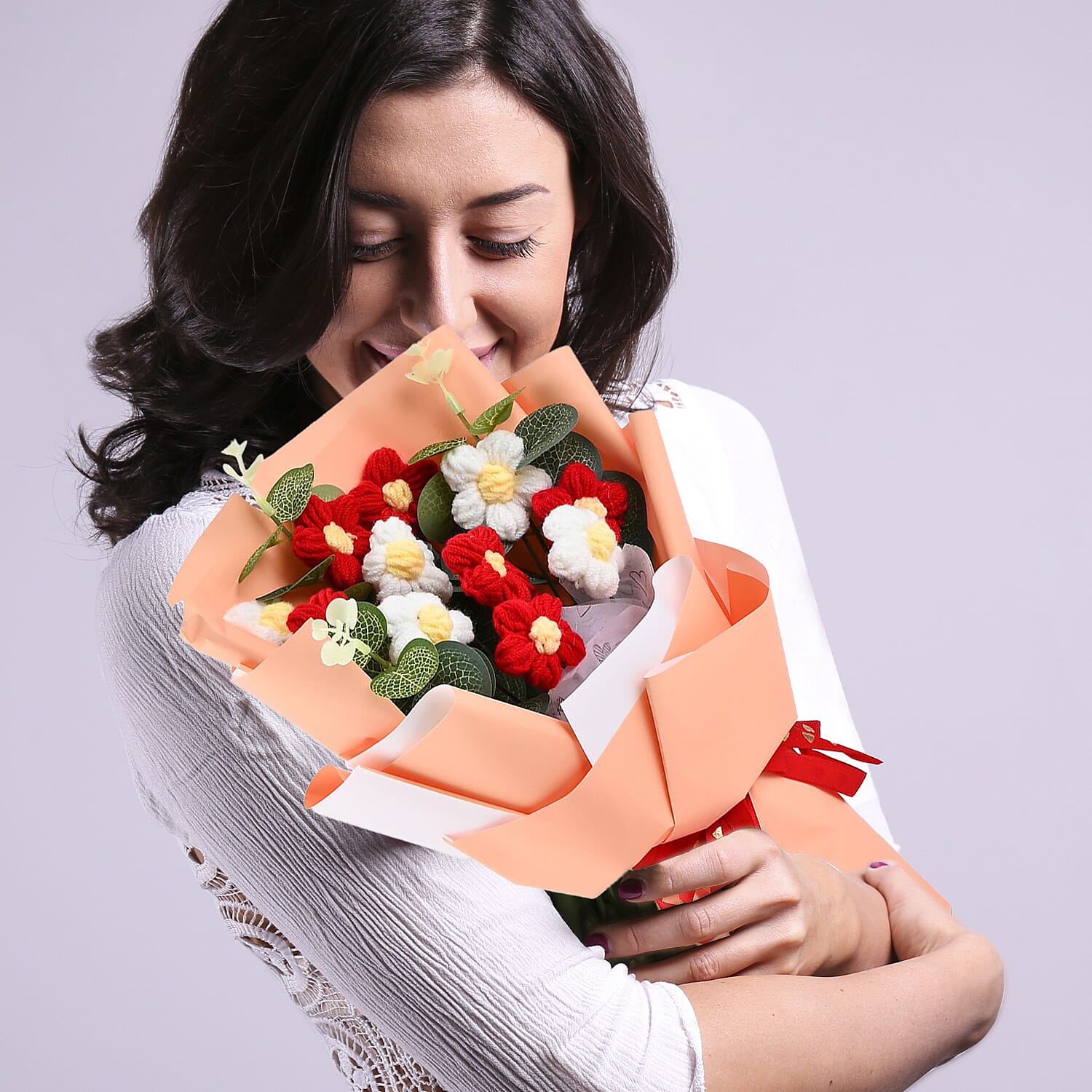 100% Cotton Handmade Crochet Flower Bouquet - Red