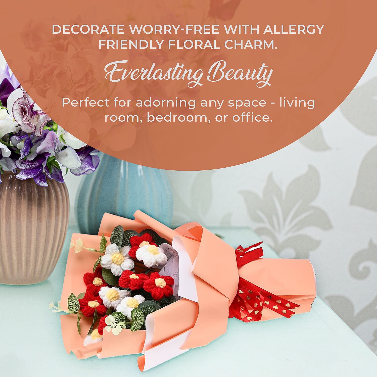 100% Cotton Handmade Crochet Flower Bouquet - Red