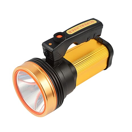 Super Bright High Lumens Heavy Duty LED Rechargeable Handheld Flashlight Torch (USB Output Provided to Charge Phone) - Gold - Black