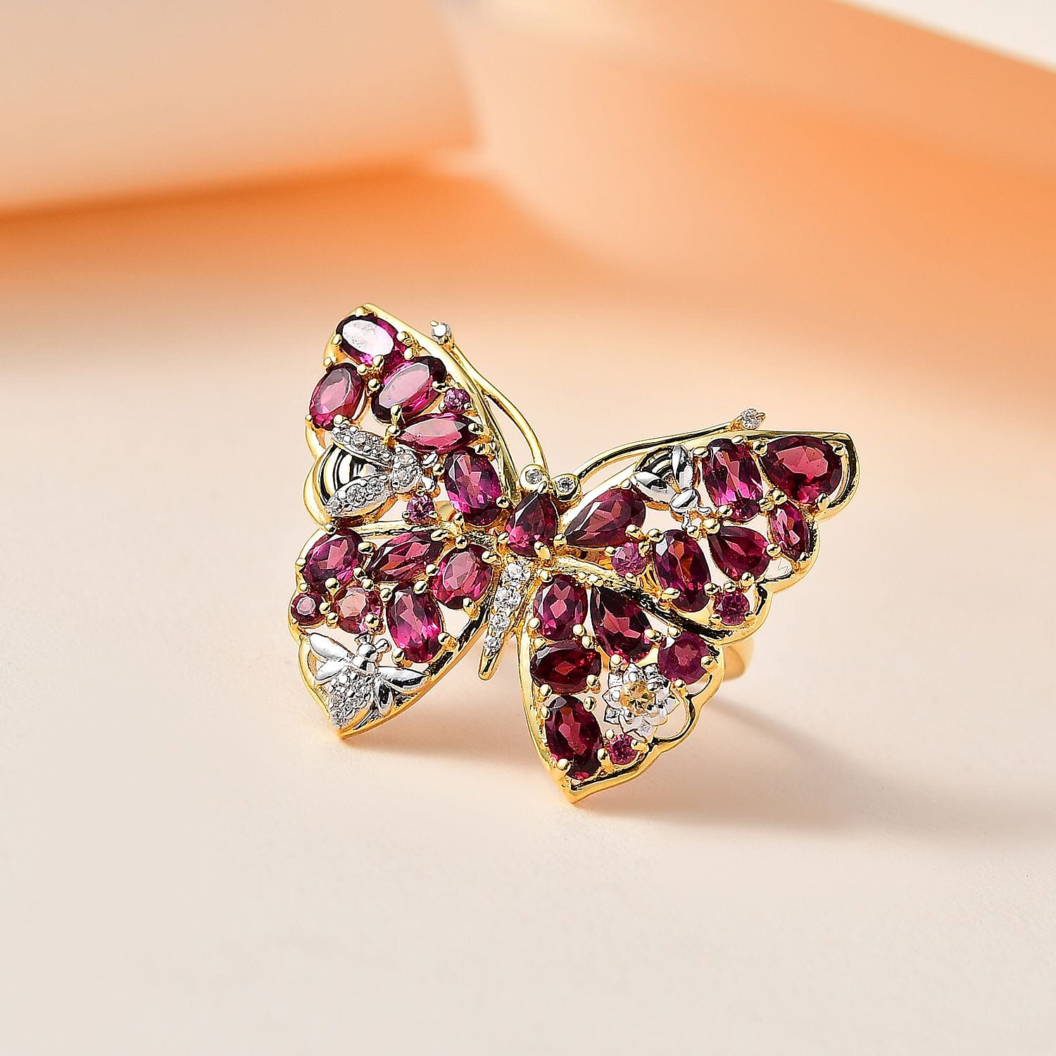 GP Italian Garden Collection - Rhodolite Garnet, Citrine & Natural Zircon Butterfly Ring in Platinum Overlay & 18K Vermeil YG Plated Sterling Silver 5.93 Ct, Silver Wt. 7.00 Gms