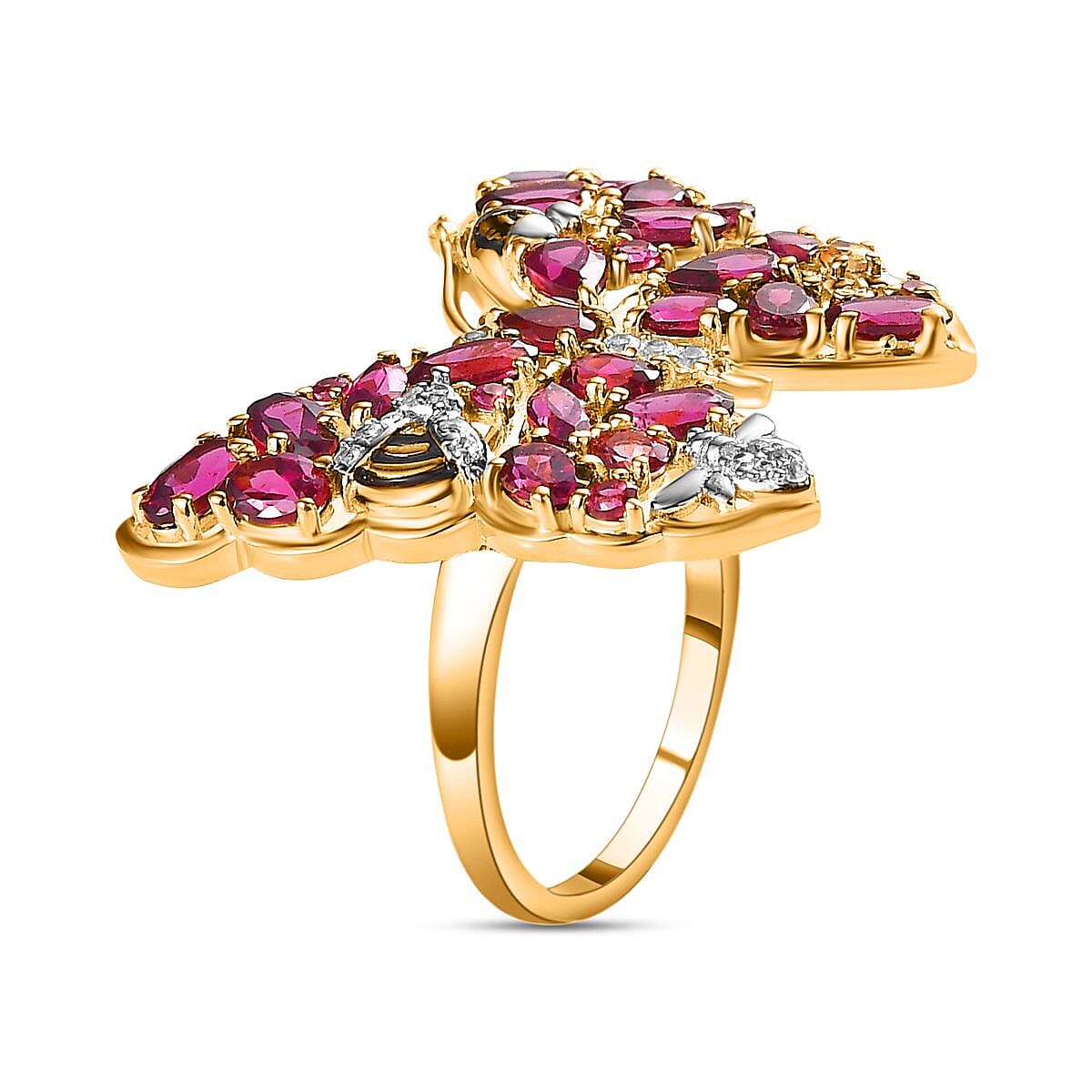GP Italian Garden Collection - Rhodolite Garnet, Citrine & Natural Zircon Butterfly Ring in Platinum Overlay & 18K Vermeil YG Plated Sterling Silver 5.93 Ct, Silver Wt. 7.00 Gms