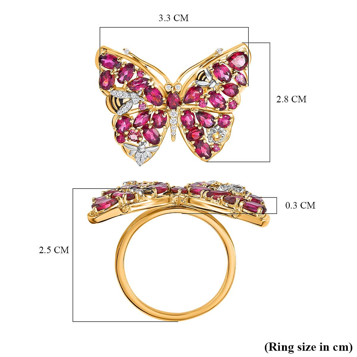 GP Italian Garden Collection - Rhodolite Garnet, Citrine & Natural Zircon Butterfly Ring in Platinum Overlay & 18K Vermeil YG Plated Sterling Silver 5.93 Ct, Silver Wt. 7.00 Gms