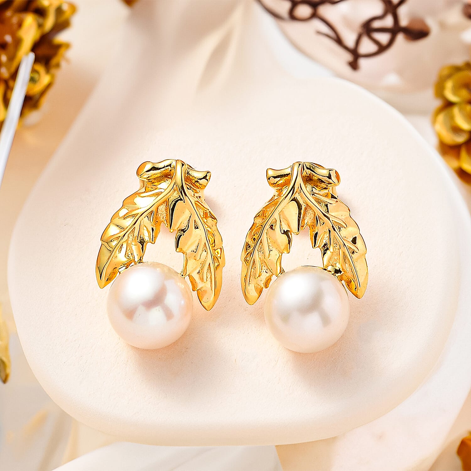 GP Italian Garden Collection - White Fresh Water Pearl Earrings in 18K Yellow Gold Vermeil Plated Sterling Silver 15.84 Ct.