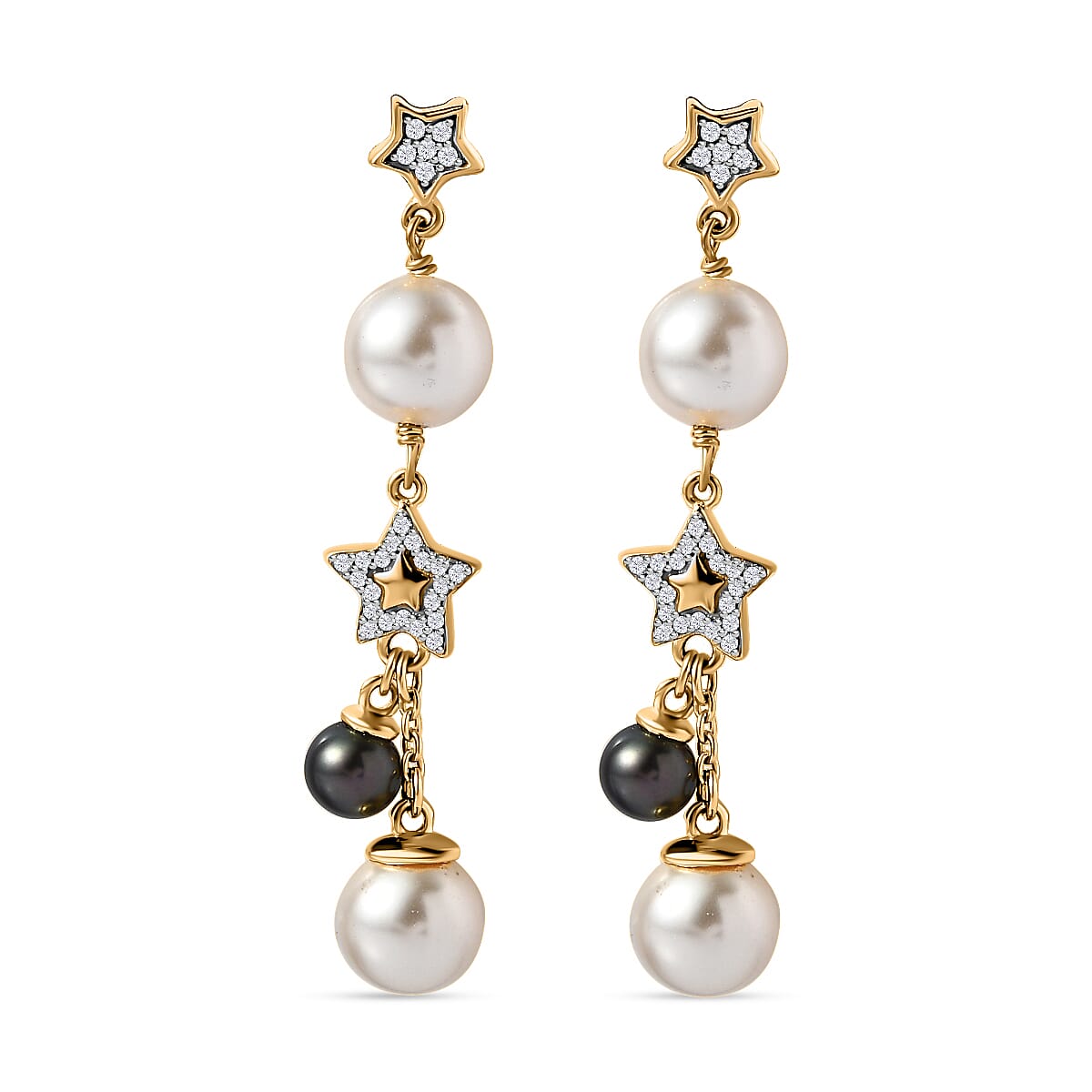 GP Celestial Dream Collection - White Fresh Water Pearl, Natural Zircon & Fresh Water Peacock Pearl Dangle Earrings in 18K Vermeil YG Plated Sterling Silver 17.24 Ct