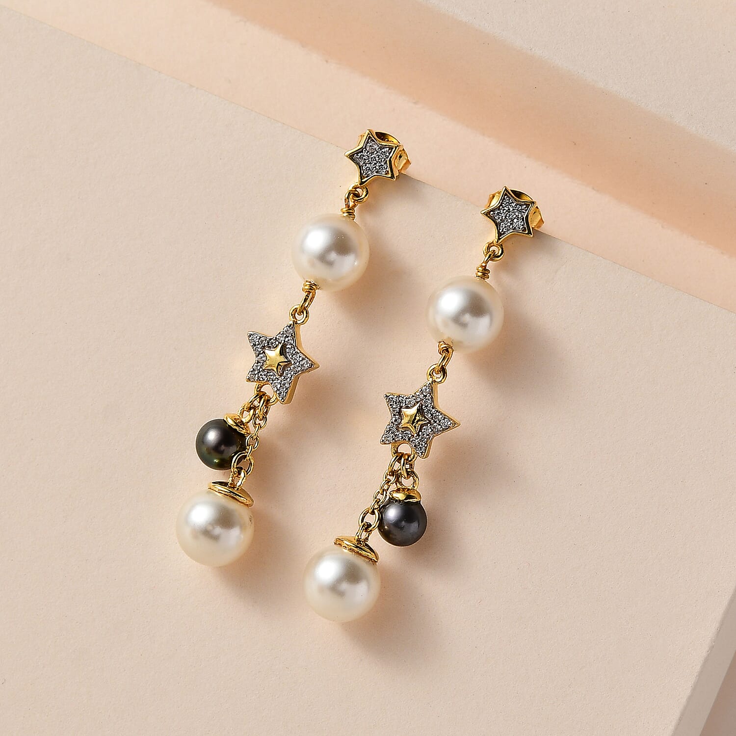 GP Celestial Dream Collection - White Fresh Water Pearl, Natural Zircon & Fresh Water Peacock Pearl Dangle Earrings in 18K Vermeil YG Plated Sterling Silver 17.24 Ct