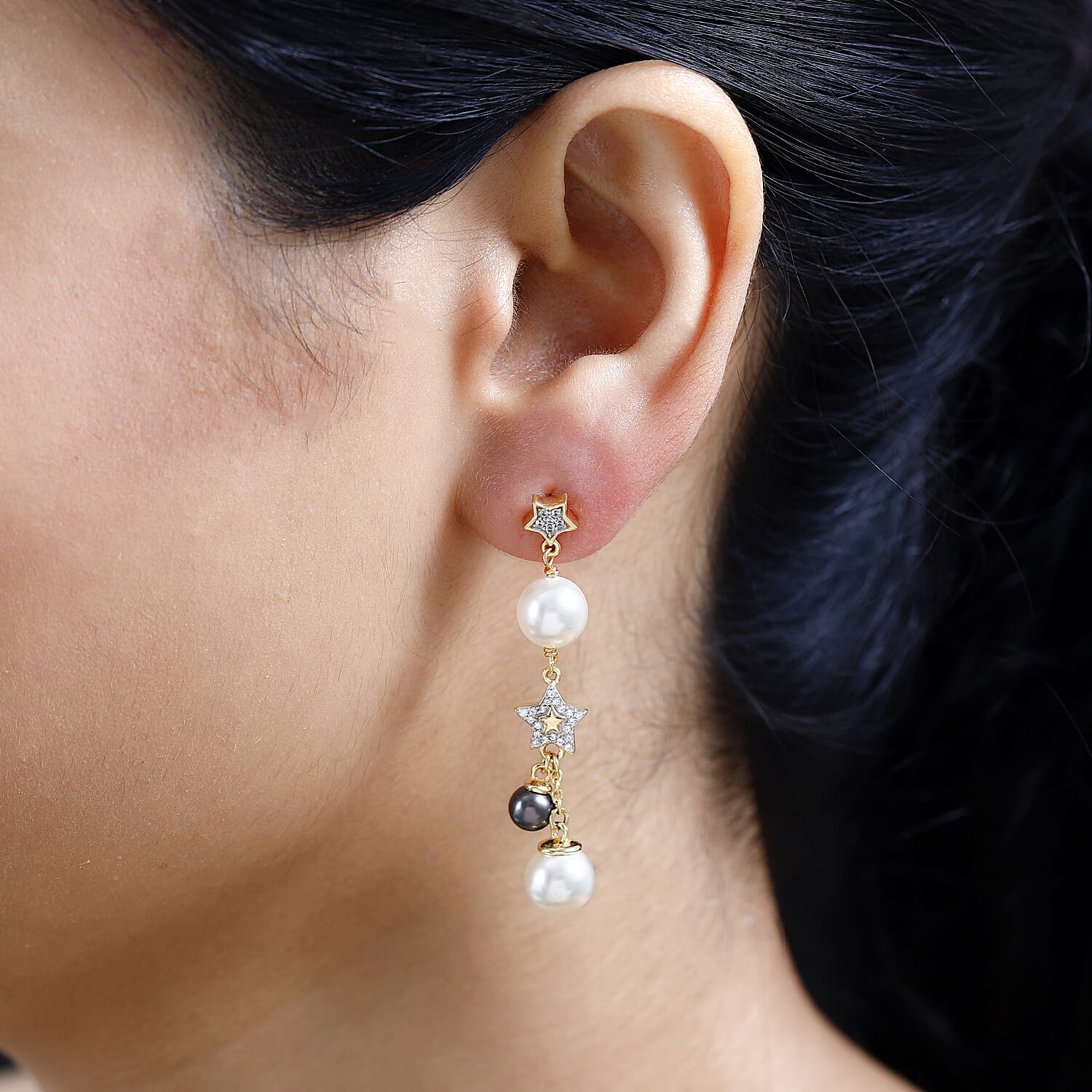 GP Celestial Dream Collection - White Fresh Water Pearl, Natural Zircon & Fresh Water Peacock Pearl Dangle Earrings in 18K Vermeil YG Plated Sterling Silver 17.24 Ct