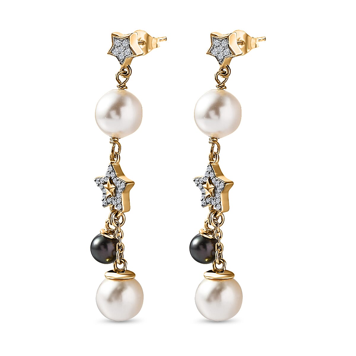 GP Celestial Dream Collection - White Fresh Water Pearl, Natural Zircon & Fresh Water Peacock Pearl Dangle Earrings in 18K Vermeil YG Plated Sterling Silver 17.24 Ct