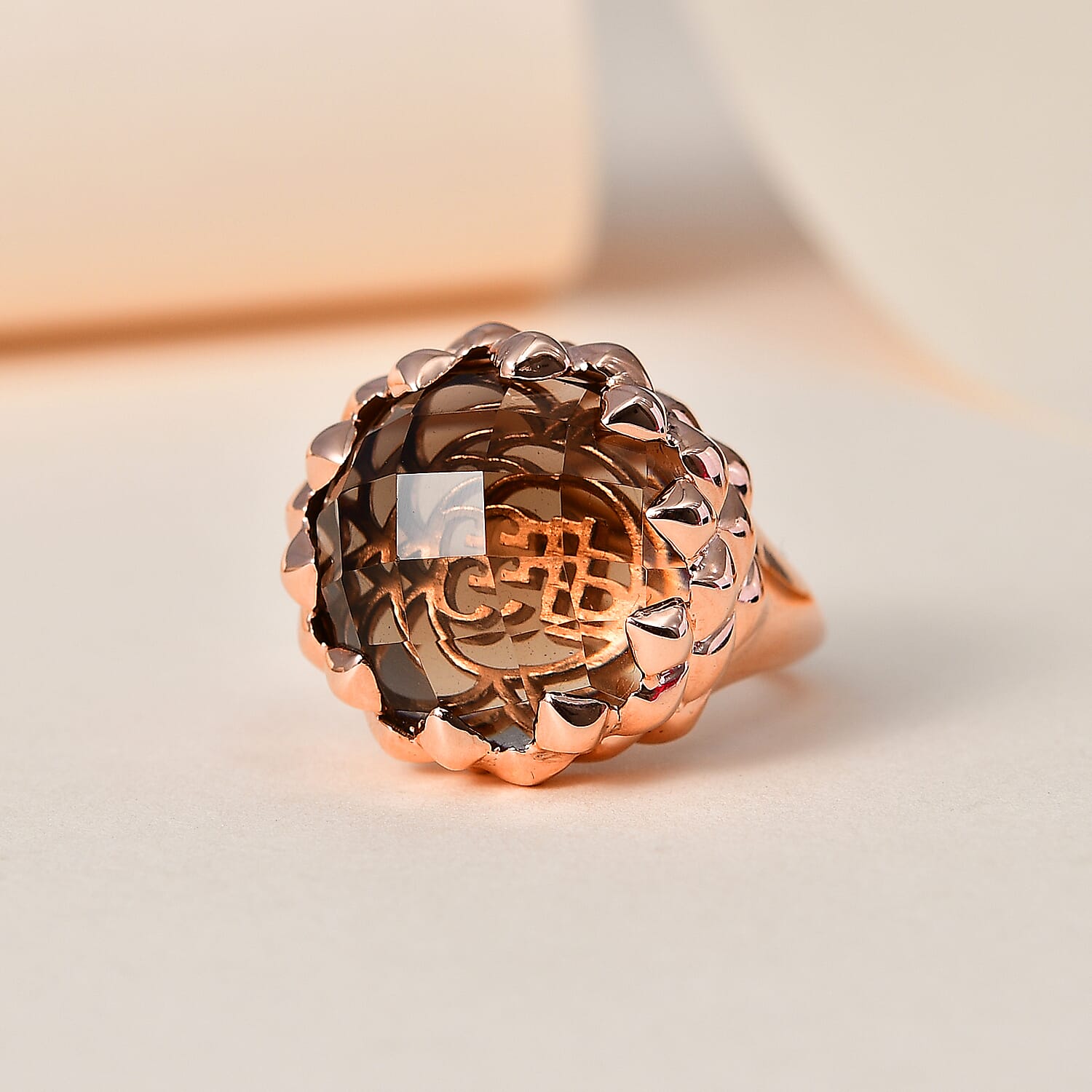 GP Art Deco Collection - Smoky Quartz Ring in 18K Vermeil RG Plated Sterling Silver 19.62 Ct, Silver Wt. 9.58 Gms