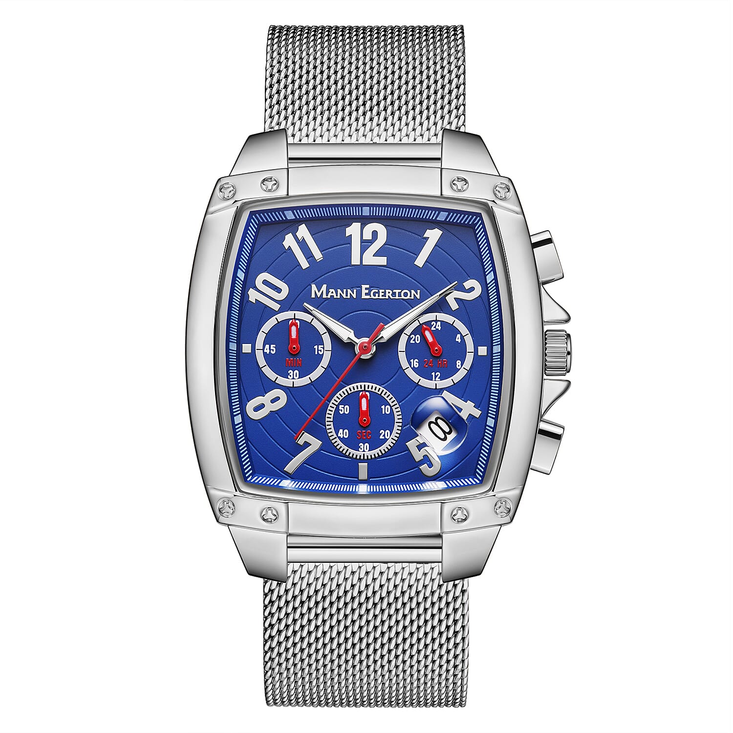 Limited Edition Mann Egerton Hand Assembled Seiko Quartz Chronograph Movt. Navy Blue Dial WR Watch in Silver Tone