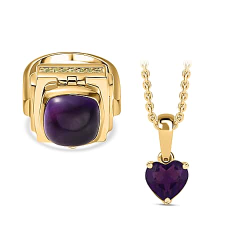 GP Art Deco Collection - Amethyst & Hebei Peridot Enclosed Pendant inside Openable Ring in 18K Vermeil Yellow Gold Plated Sterling Silver