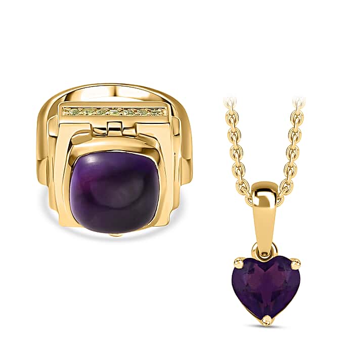 GP Art Deco Collection - Amethyst & Hebei Peridot Enclosed Pendant inside Openable Ring in 18K Vermeil Yellow Gold Plated Sterling Silver
