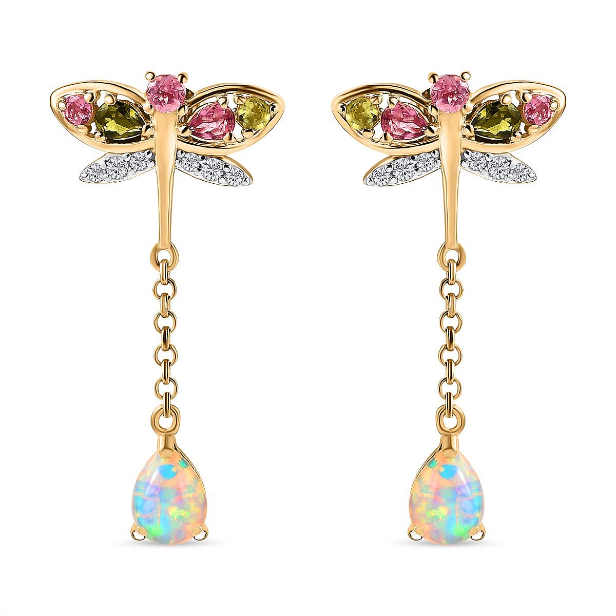 GP Italian Garden Collection - Ethiopian Welo Opal, Natural Zircon & Multi-Tourmaline Dangle Earrings in 18K Vermeil YG Plated Sterling Silver 2.83 Ct, Silver Wt. 5.58 Gms
