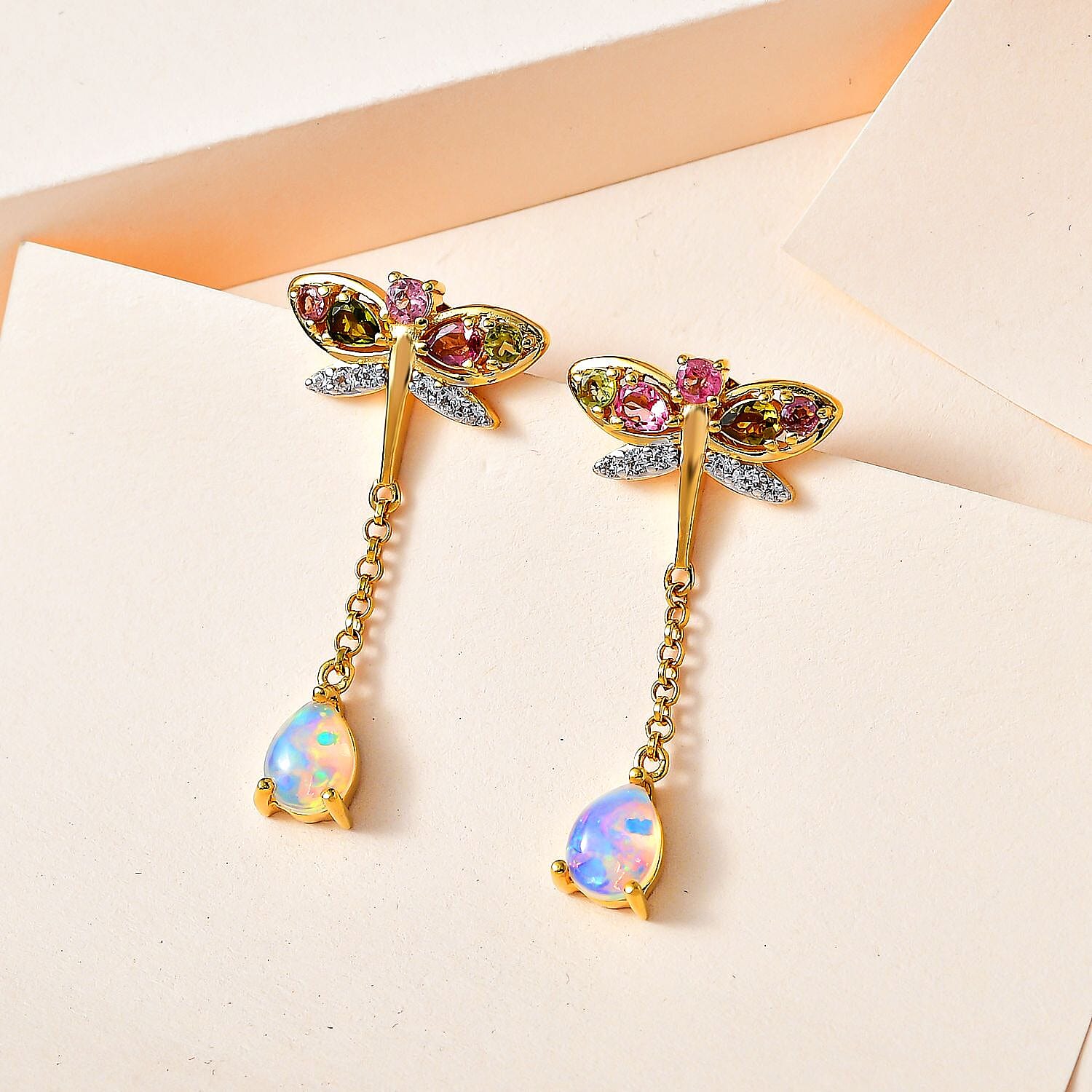 GP Italian Garden Collection - Ethiopian Welo Opal, Natural Zircon & Multi-Tourmaline Dangle Earrings in 18K Vermeil YG Plated Sterling Silver 2.83 Ct, Silver Wt. 5.58 Gms