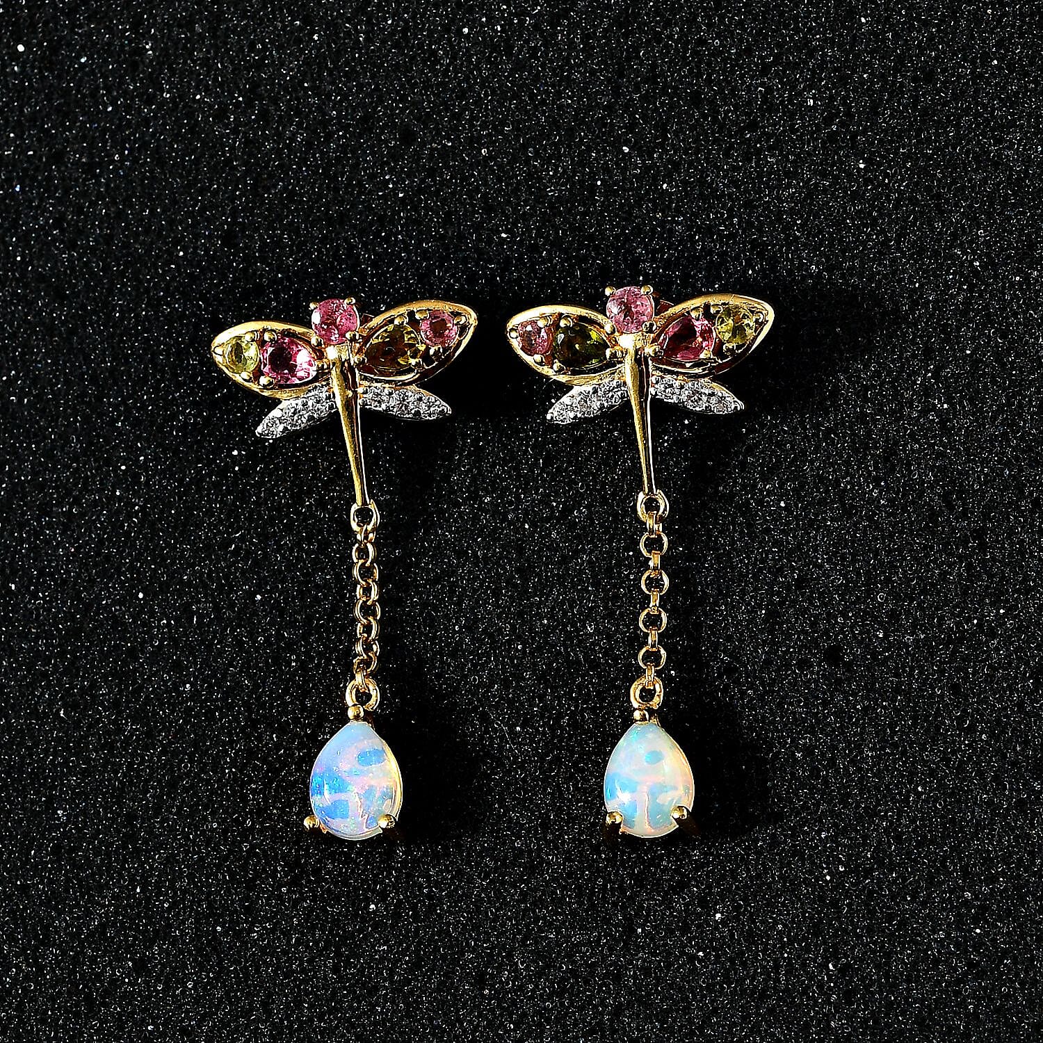 GP Italian Garden Collection - Ethiopian Welo Opal, Natural Zircon & Multi-Tourmaline Dangle Earrings in 18K Vermeil YG Plated Sterling Silver 2.83 Ct, Silver Wt. 5.58 Gms