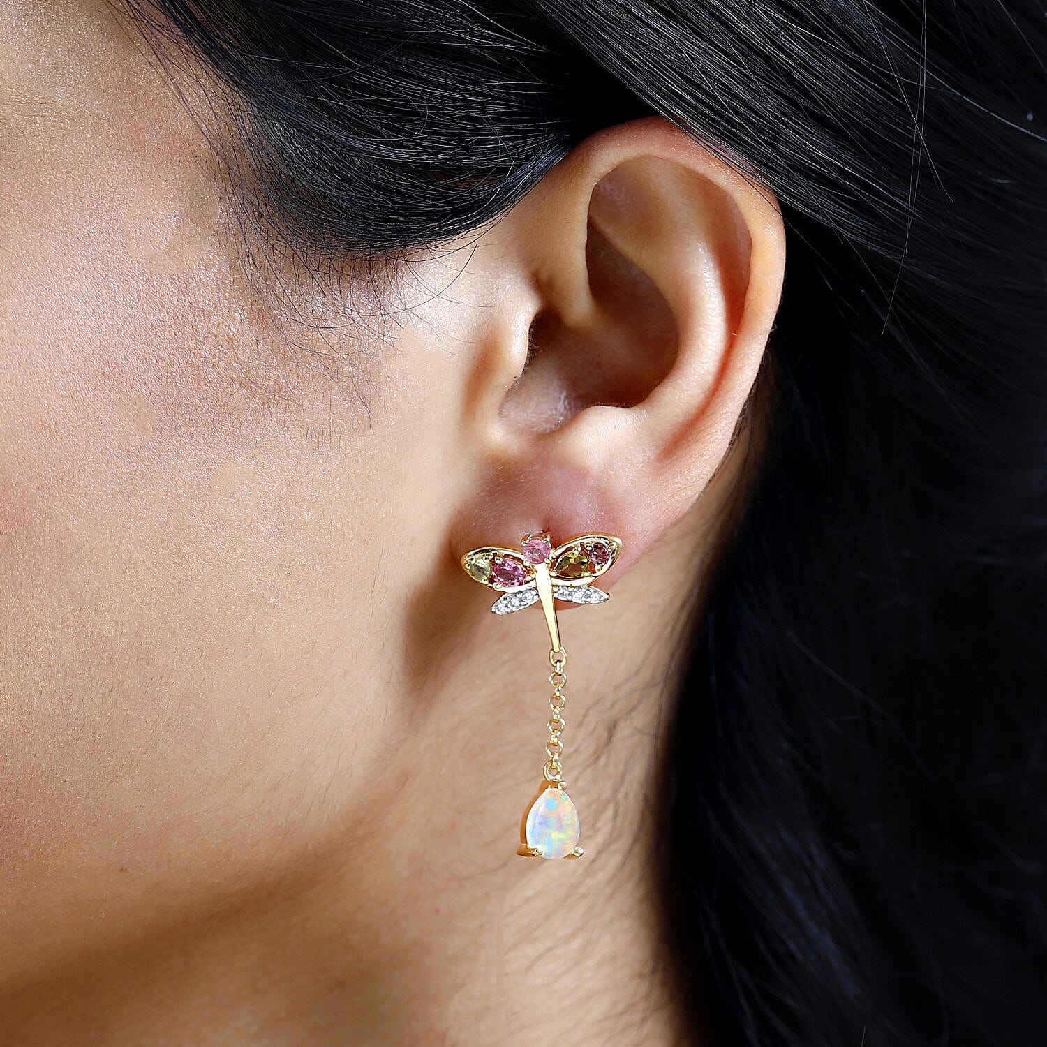 GP Italian Garden Collection - Ethiopian Welo Opal, Natural Zircon & Multi-Tourmaline Dangle Earrings in 18K Vermeil YG Plated Sterling Silver 2.83 Ct, Silver Wt. 5.58 Gms