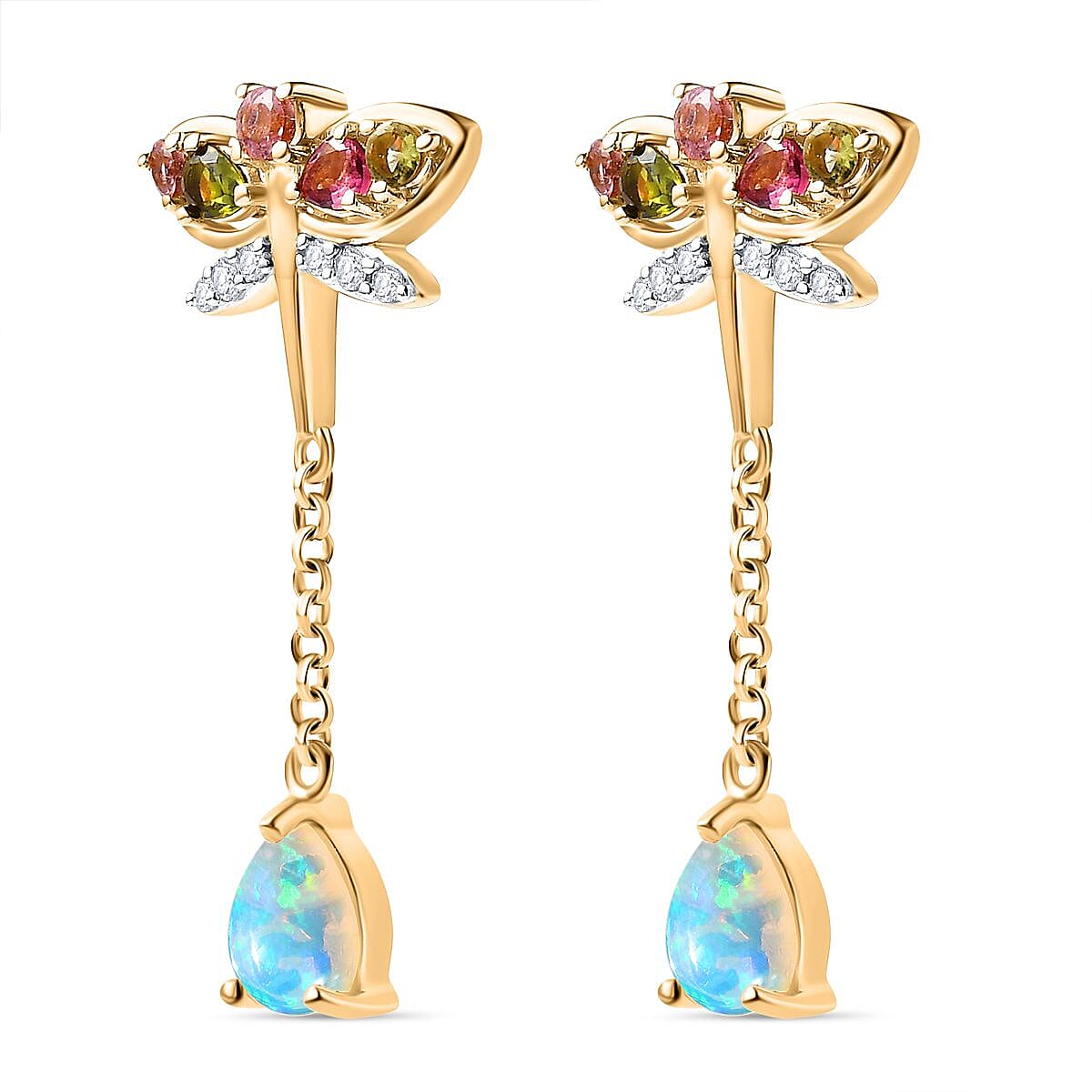 GP Italian Garden Collection - Ethiopian Welo Opal, Natural Zircon & Multi-Tourmaline Dangle Earrings in 18K Vermeil YG Plated Sterling Silver 2.83 Ct, Silver Wt. 5.58 Gms