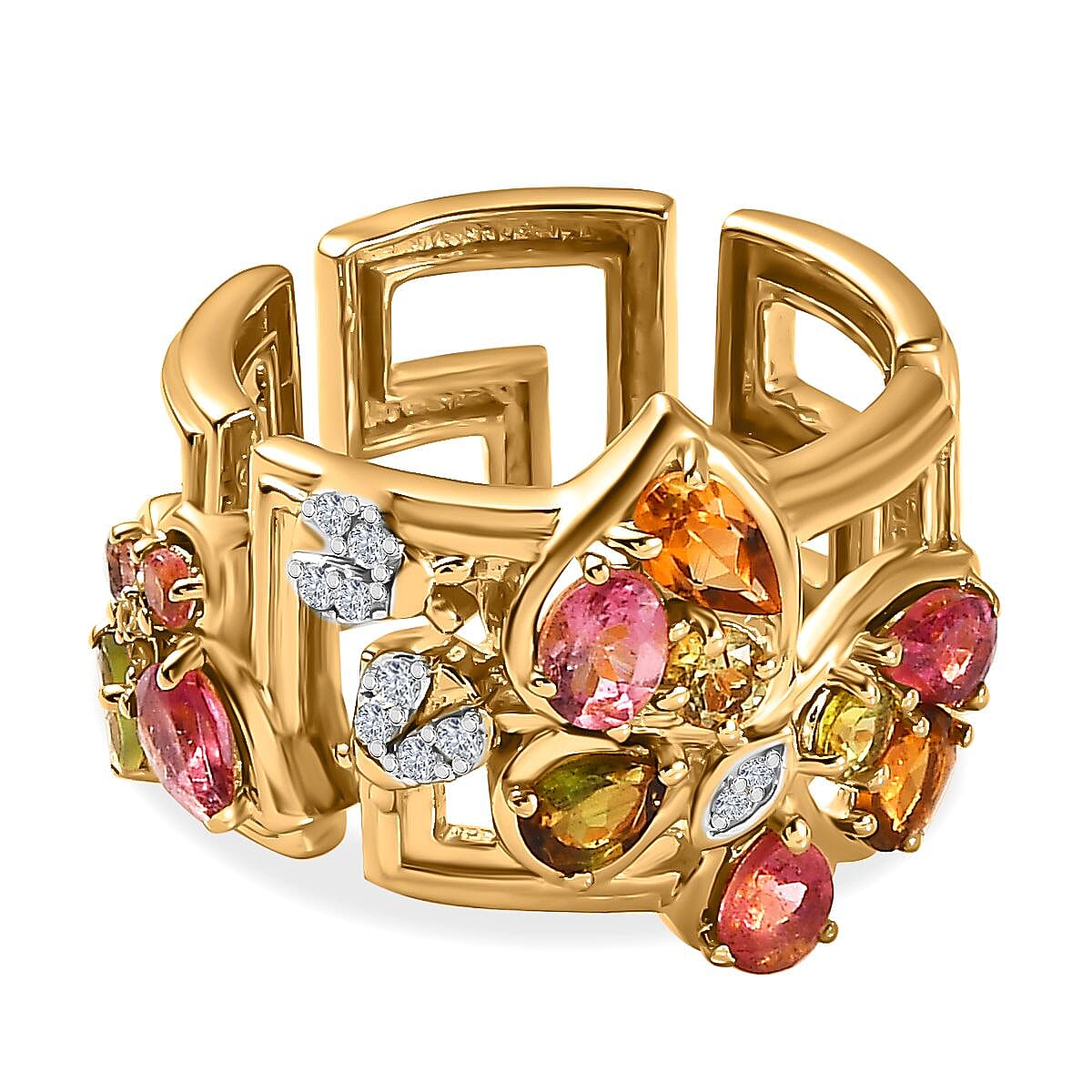 GP Italian Garden Collection - Multi-Tourmaline & Natural Zircon Greek Key Ring in 18K Vermeil YG Plated Sterling Silver 1.69 Ct, Silver Wt. 7.39 Gms