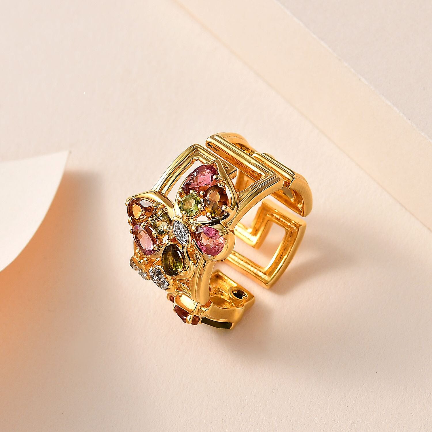 GP Italian Garden Collection - Multi-Tourmaline & Natural Zircon Greek Key Ring in 18K Vermeil YG Plated Sterling Silver 1.69 Ct, Silver Wt. 7.39 Gms