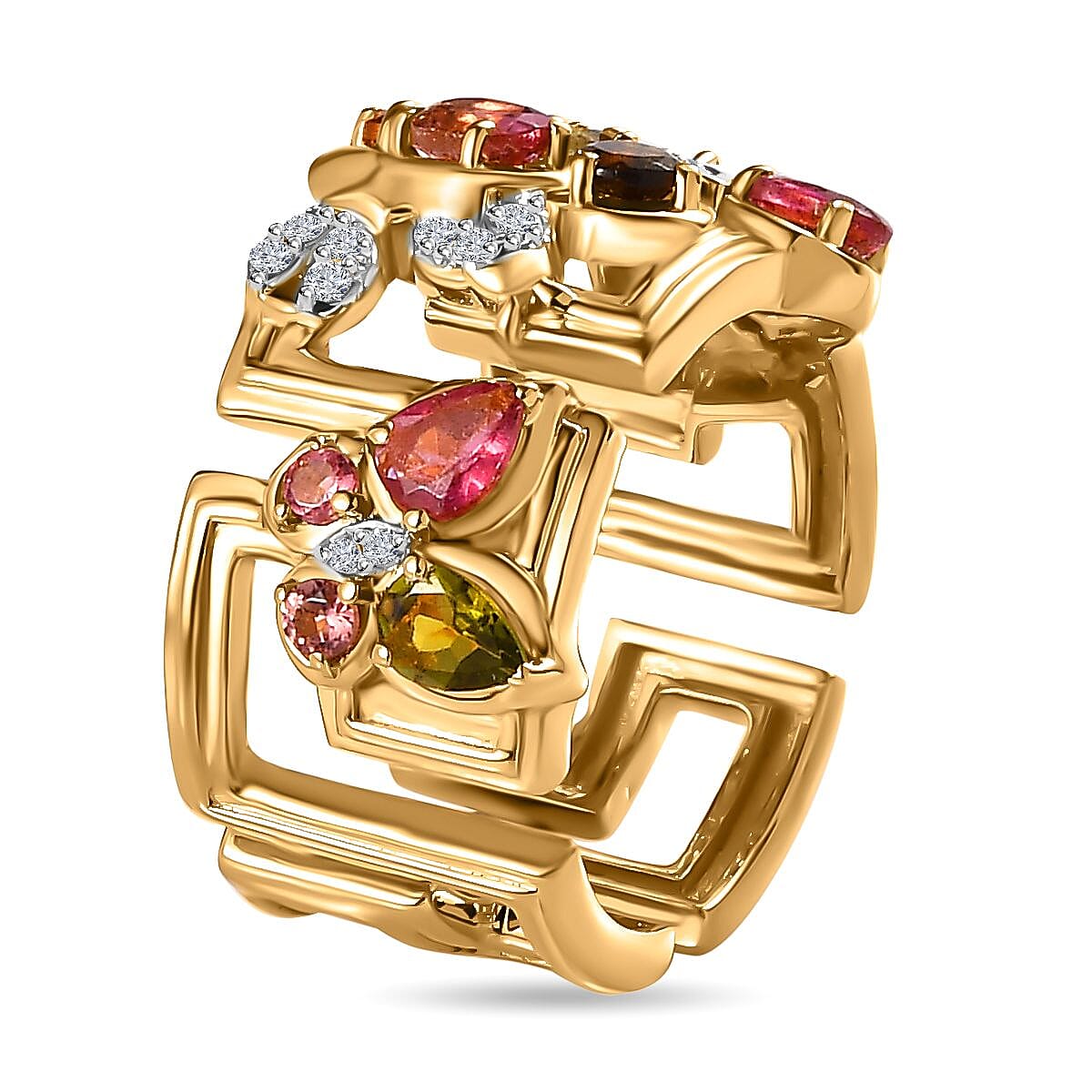 GP Italian Garden Collection - Multi-Tourmaline & Natural Zircon Greek Key Ring in 18K Vermeil YG Plated Sterling Silver 1.69 Ct, Silver Wt. 7.39 Gms