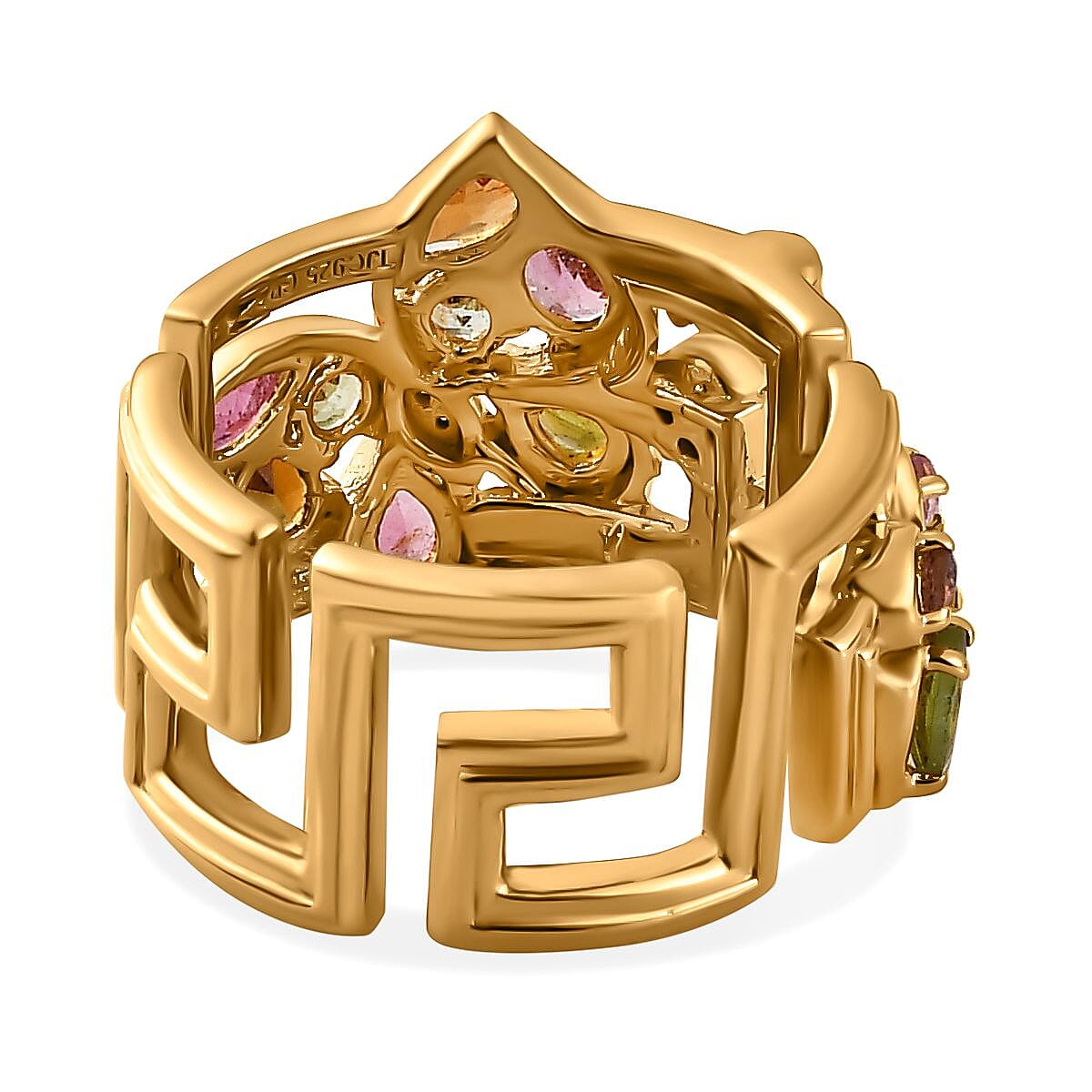 GP Italian Garden Collection - Multi-Tourmaline & Natural Zircon Greek Key Ring in 18K Vermeil YG Plated Sterling Silver 1.69 Ct, Silver Wt. 7.39 Gms