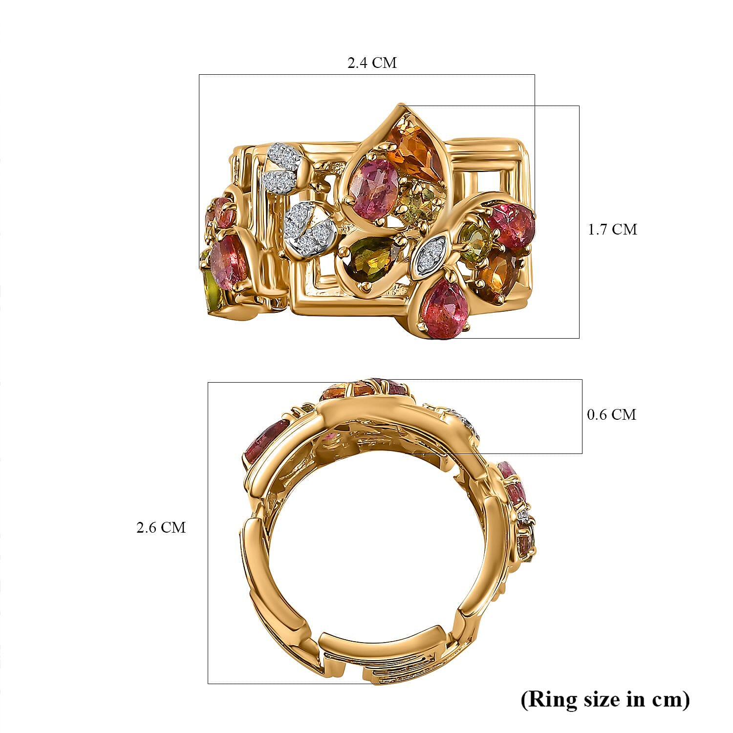 GP Italian Garden Collection - Multi-Tourmaline & Natural Zircon Greek Key Ring in 18K Vermeil YG Plated Sterling Silver 1.69 Ct, Silver Wt. 7.39 Gms