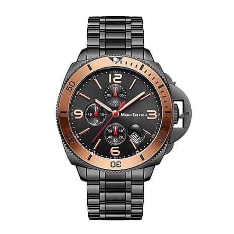 Limited Edition Mann Egerton Hand Assembled Seiko Quartz Chronograph Movement Water Resistant Time Guarder Watch with Black Chain Strap in Rose Gold Tone