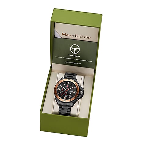Limited Edition Mann Egerton Hand Assembled Seiko Quartz Chronograph Movement Water Resistant Time Guarder Watch with Black Chain Strap in Rose Gold Tone