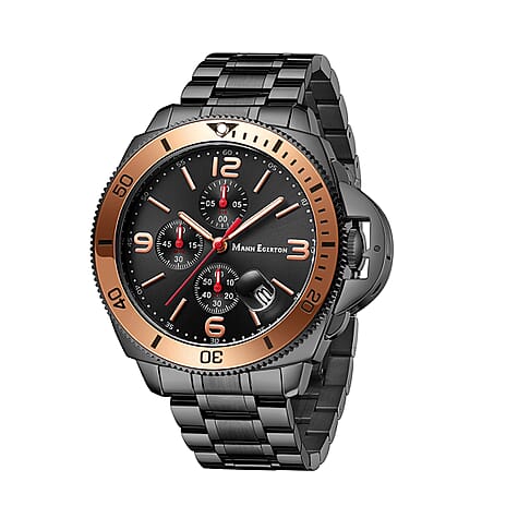 Limited Edition Mann Egerton Hand Assembled Seiko Quartz Chronograph Movement Water Resistant Time Guarder Watch with Black Chain Strap in Rose Gold Tone