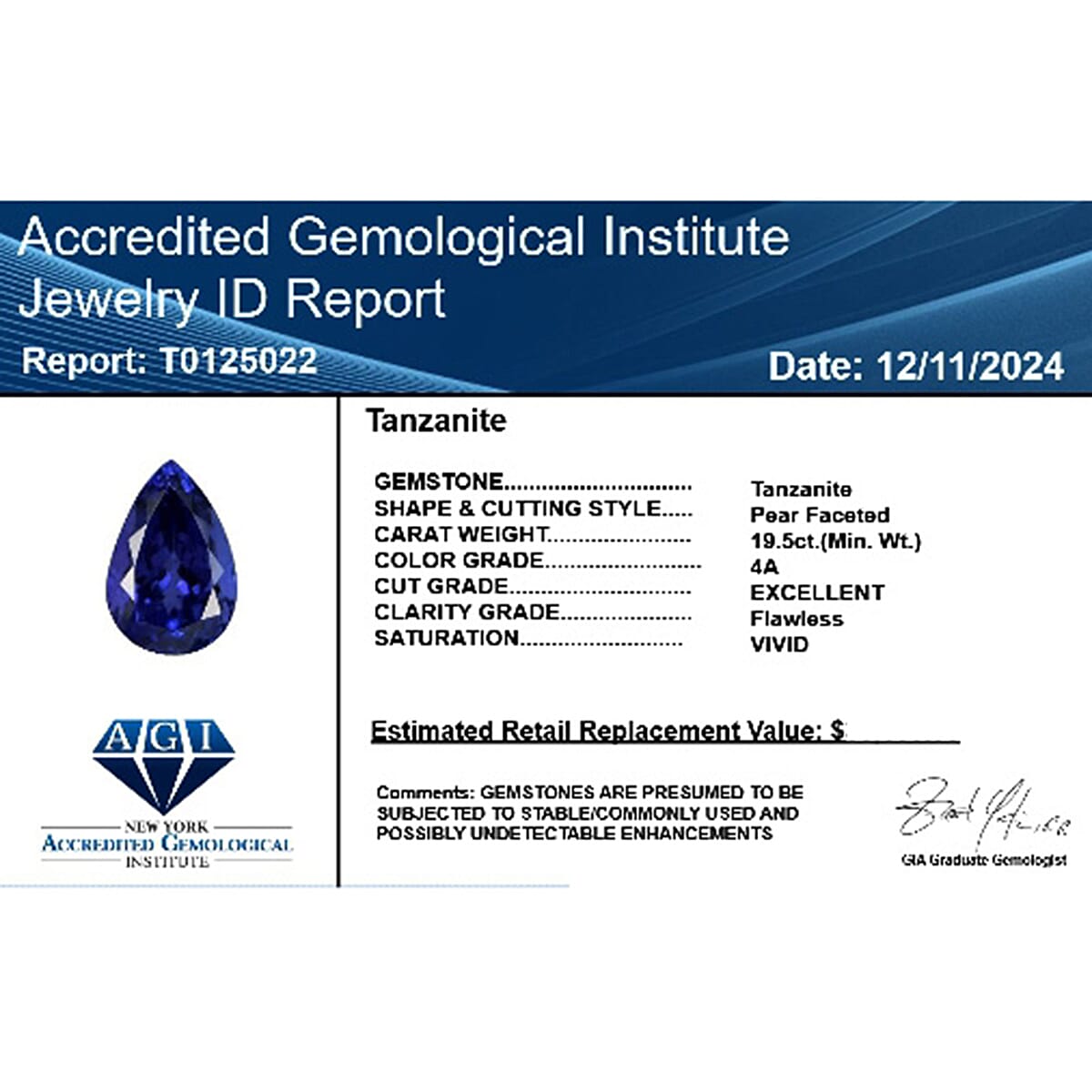 Tanzanite Pear Size Varies