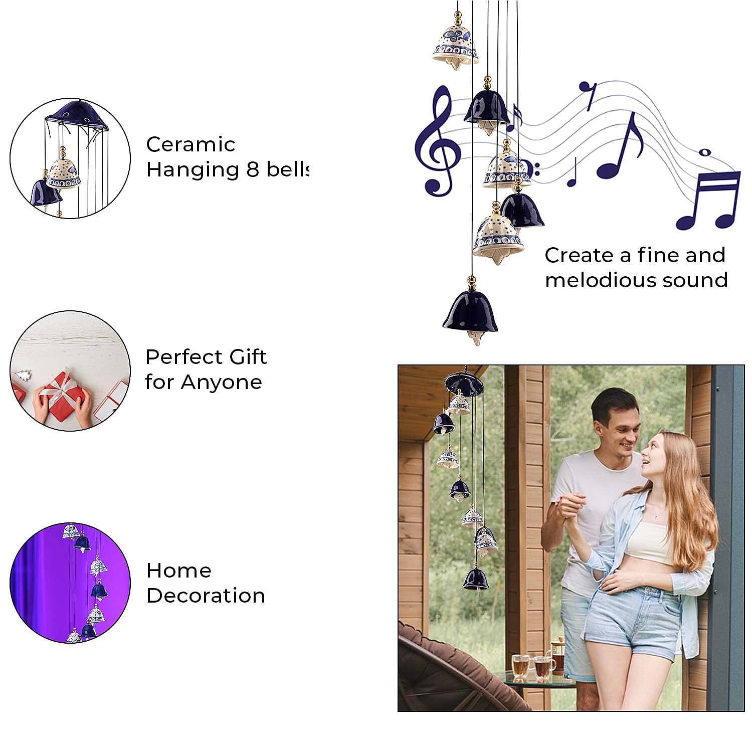 Ceramic Hanging 8 Bells in Gift Box- Blue