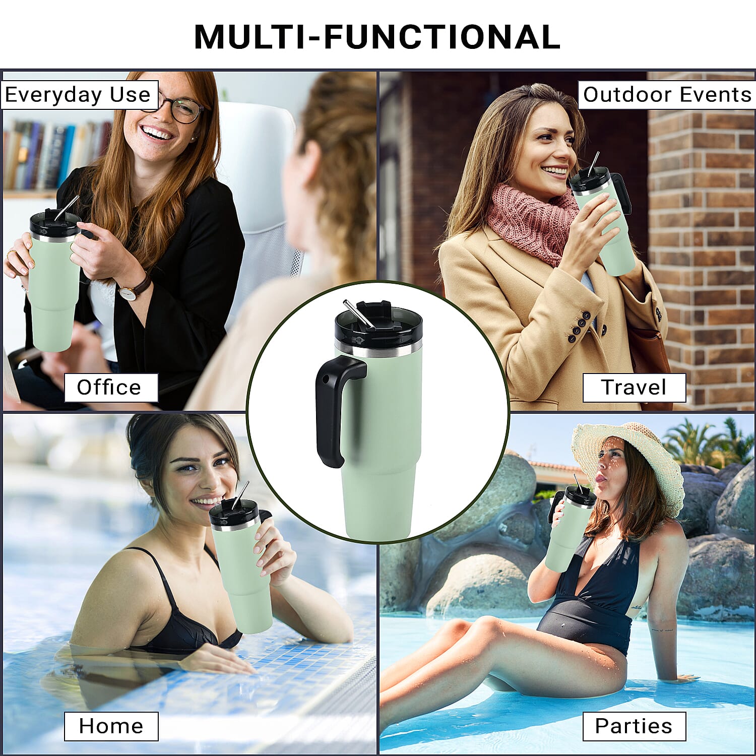 Hot or Cold Insulated Mug with Lid and Stainless Steel Straw - Green