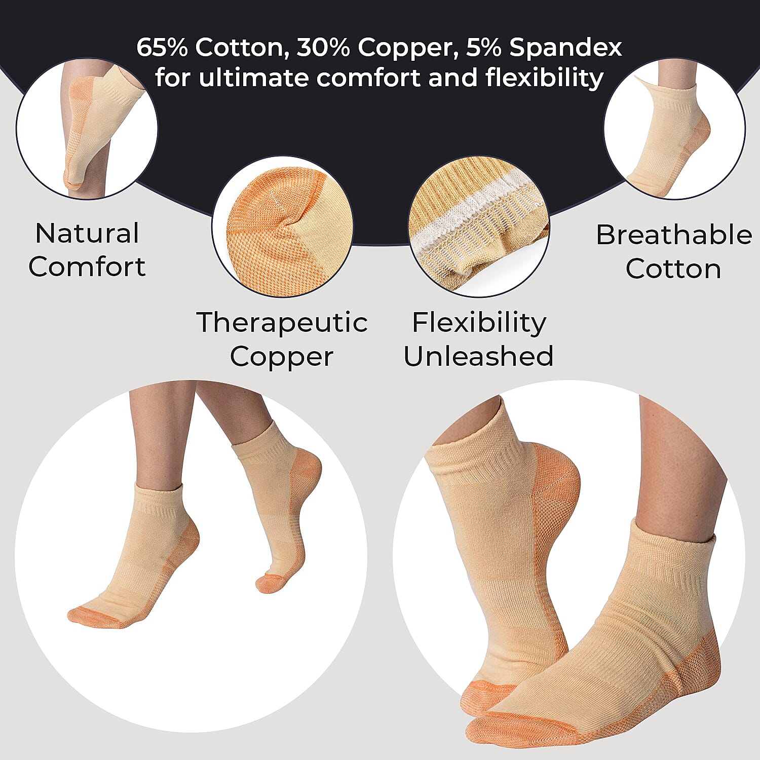 4 Pairs Antibacterial Copper Infused Compression Socks (Size L-XL, 9-13) - Orange