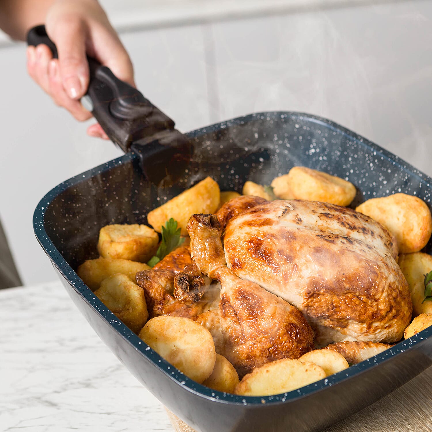 FlavorStone 9 Piece Diamond Non Stick All Hob Pan Set - 24cm- Deep Pan & Saute Pan, 24cm Casserole Pot, 28cm Grill Pan, Lid with Steam Vent, 2 Detachable Handles, Basket, Silicone Steamer.