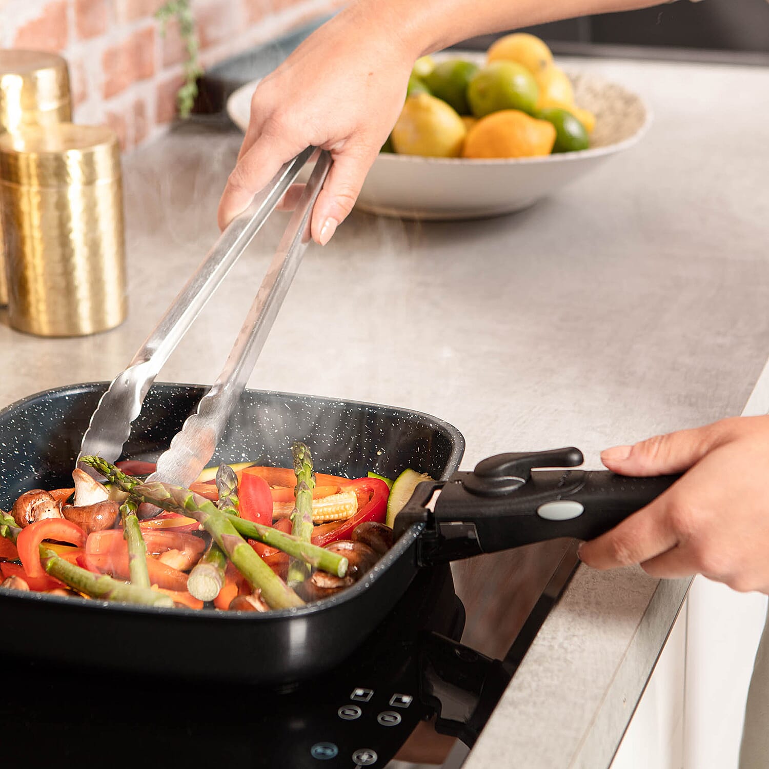 FlavorStone 9 Piece Diamond Non Stick All Hob Pan Set - 24cm- Deep Pan & Saute Pan, 24cm Casserole Pot, 28cm Grill Pan, Lid with Steam Vent, 2 Detachable Handles, Basket, Silicone Steamer.
