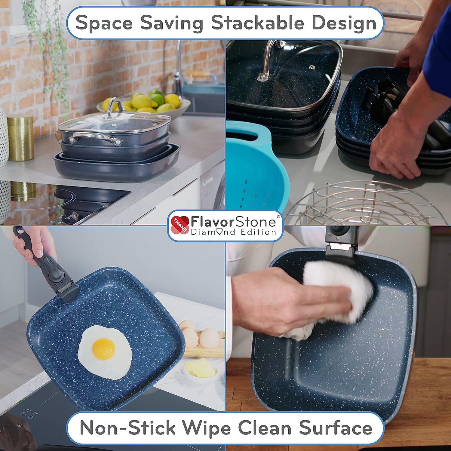 FlavorStone 9 Piece Diamond Non Stick All Hob Pan Set - 24cm- Deep Pan & Saute Pan, 24cm Casserole Pot, 28cm Grill Pan, Lid with Steam Vent, 2 Detachable Handles, Basket, Silicone Steamer.