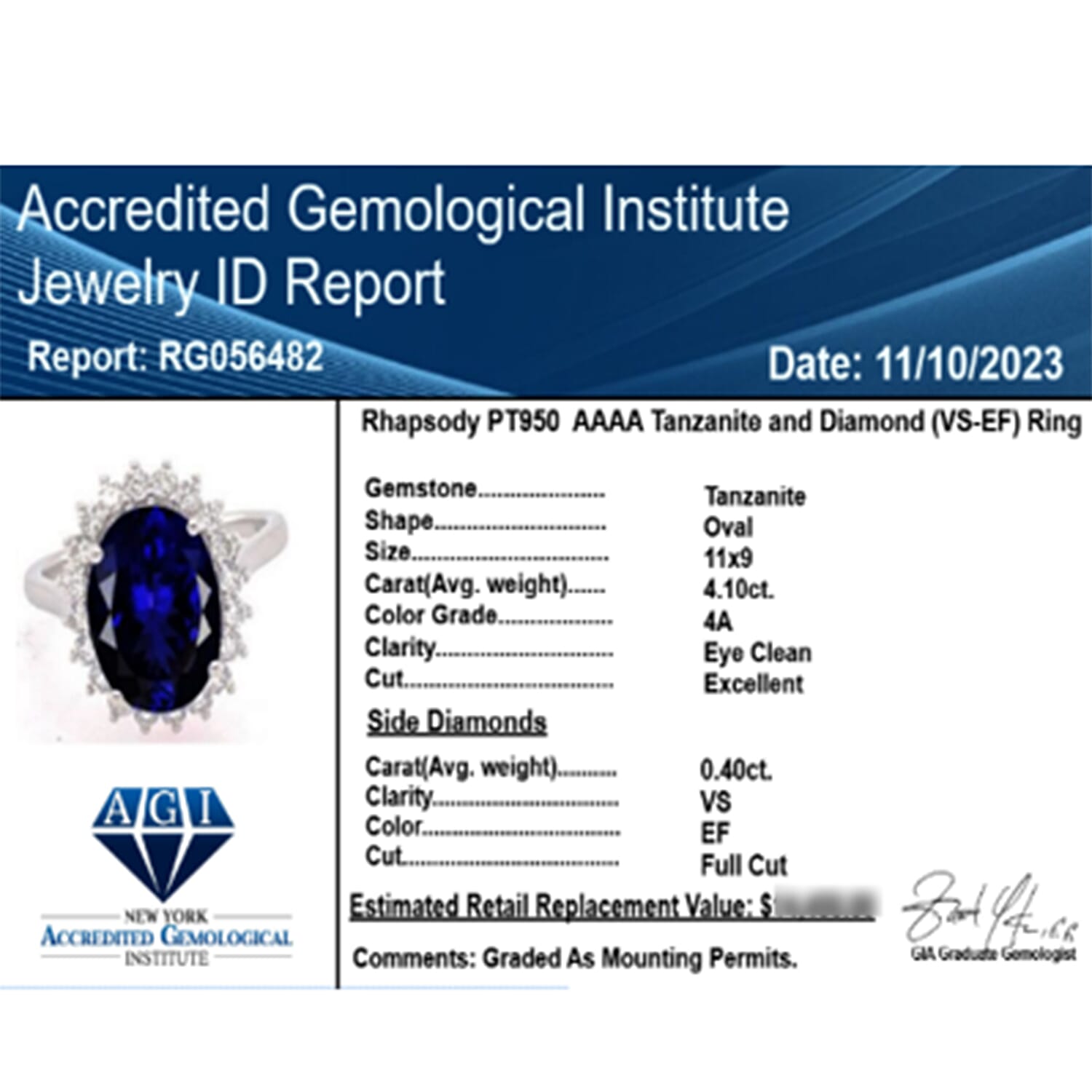 950 Platinum  AAAA  Tanzanite  White Diamond VS Ring 4.50 ct,  Platinum Wt. 6.29 Gms  4.500  Ct.