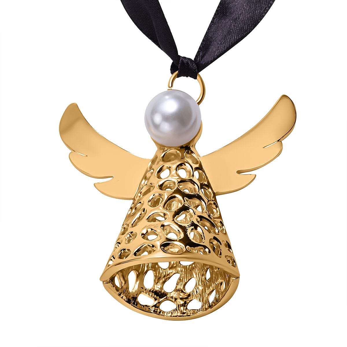 Simulated Pearl Angel Charm in Yellow Gold Tone