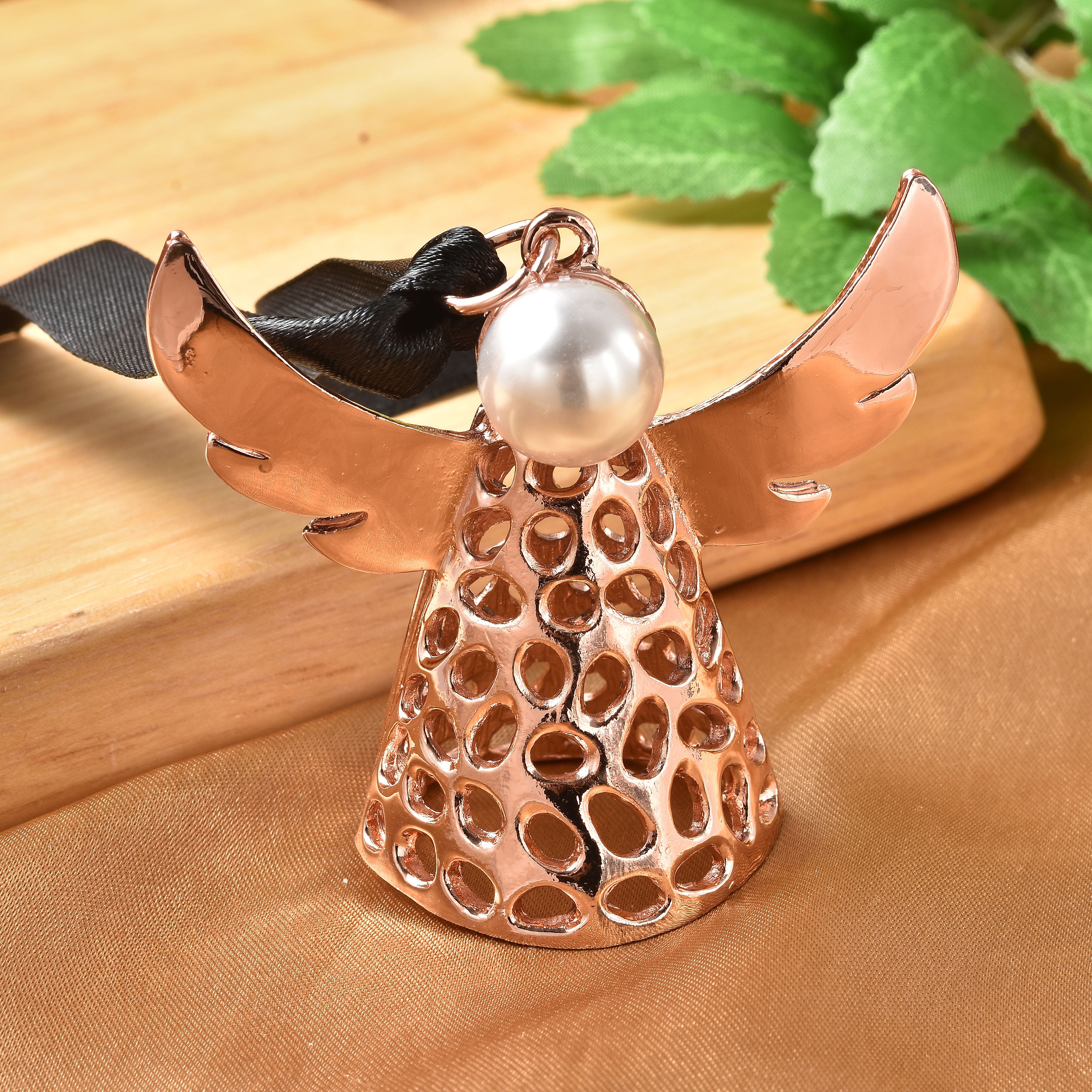 Simulated Pearl Angel Charm in Rose Gold Tone