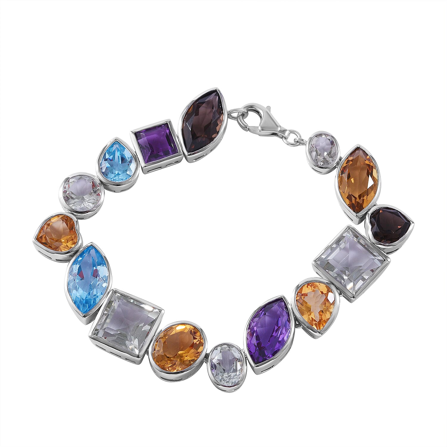 Citrine & Multi Gemstone Bracelet (Size - 7.5) in Rhodium Overlay Sterling Silver 61.25 Ct, Silver Wt. 21.40 Gms