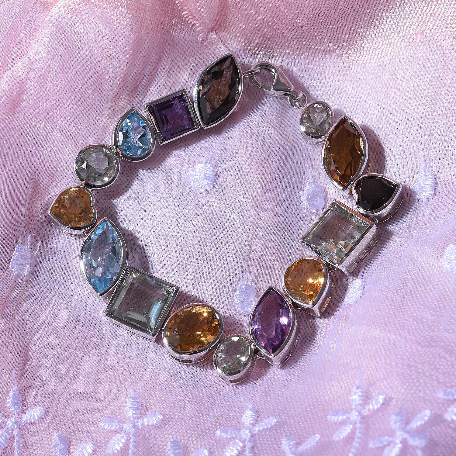 Citrine & Multi Gemstone Bracelet (Size - 7.5) in Rhodium Overlay Sterling Silver 61.25 Ct, Silver Wt. 21.40 Gms