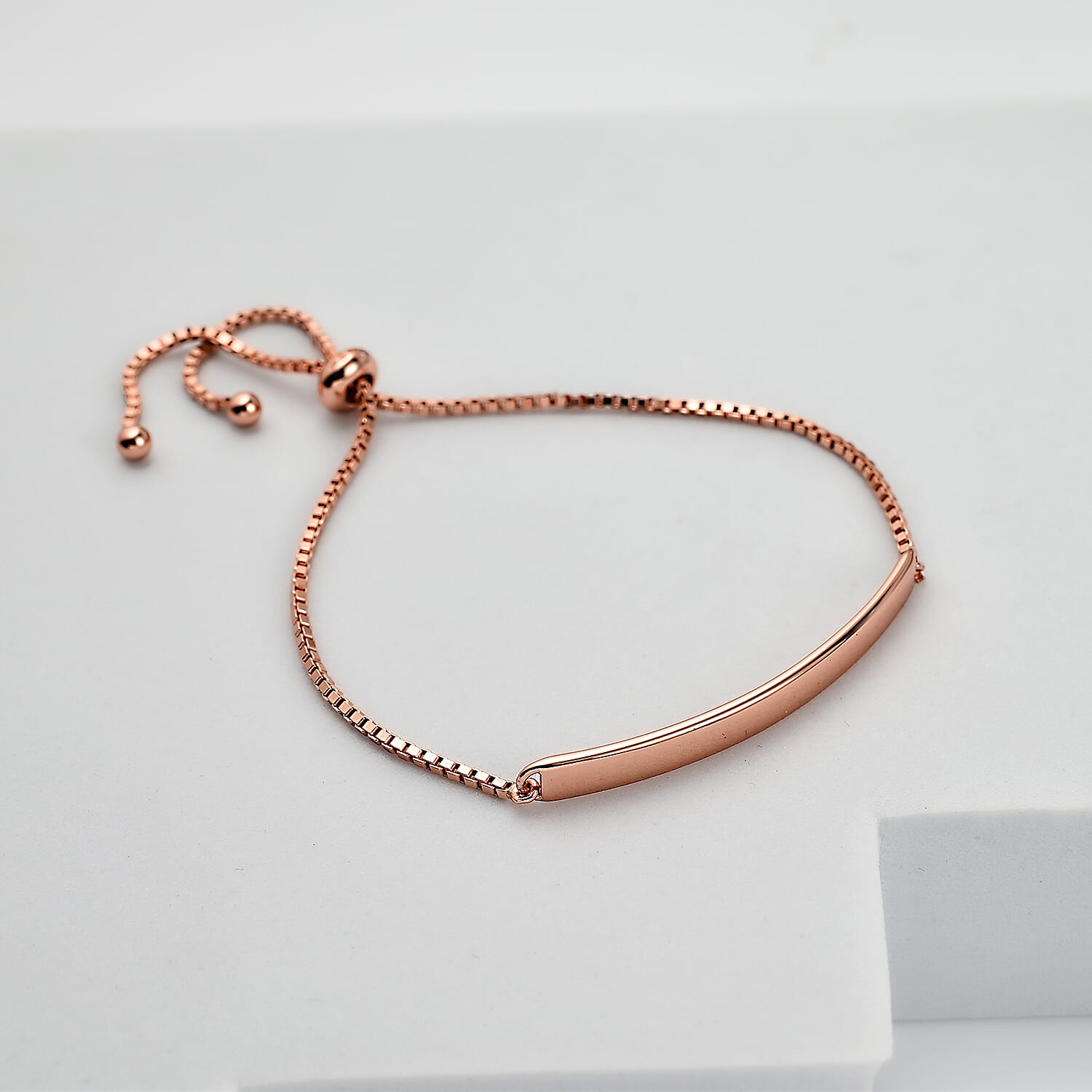 Rachel Galley Rose Gold Overlay Sterling Silver Polished Slider Adjustable Bracelet (Size 6.5 - 9 Adjustable), Silver Wt. 4.10 Gms.