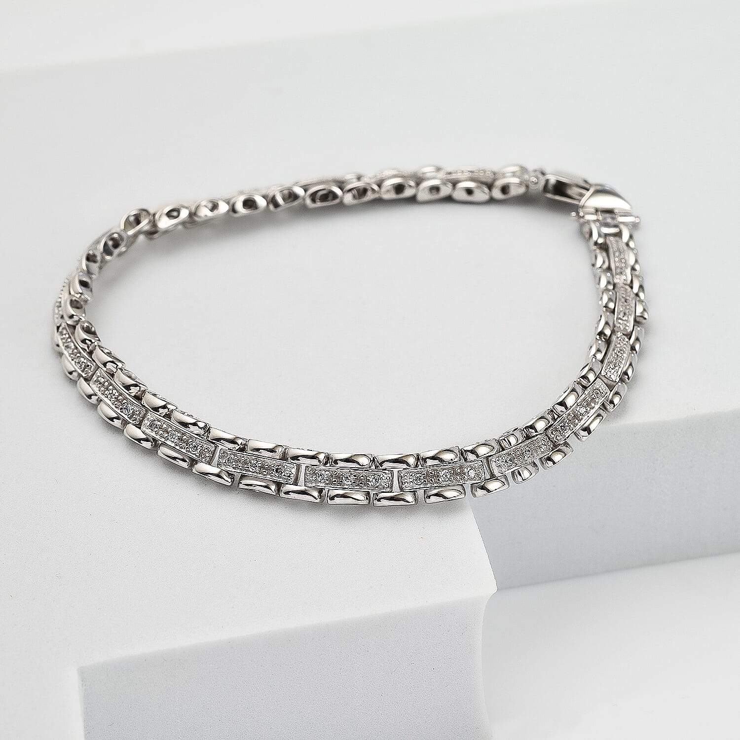 Cubic Zirconia Sterling Silver Stampato Bracelet (Size - 8), Silver Wt. 16.8 Gms