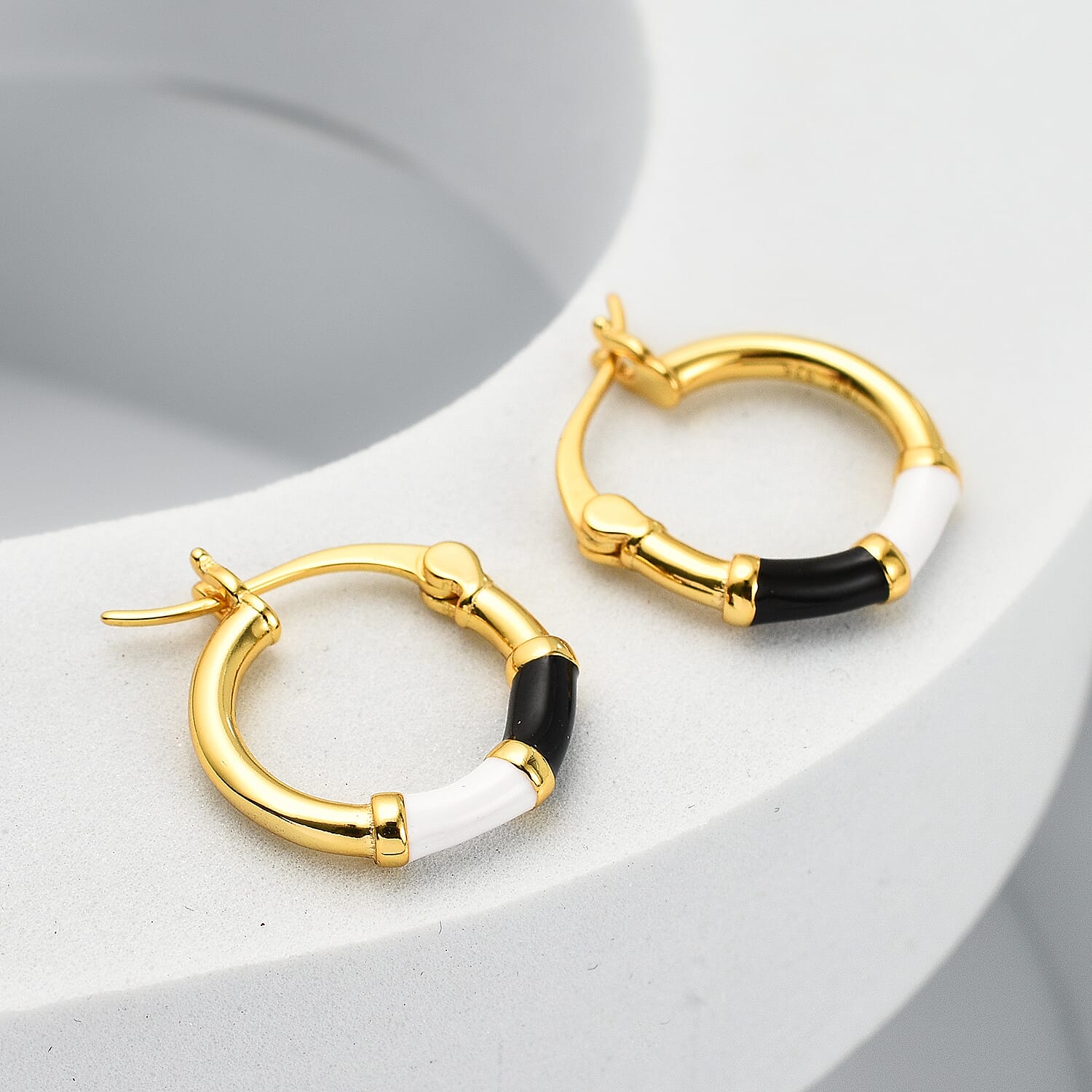 RACHEL GALLEY - Yellow Gold Overlay Sterling Silver Black & White Enamelled Hoop Earrings
