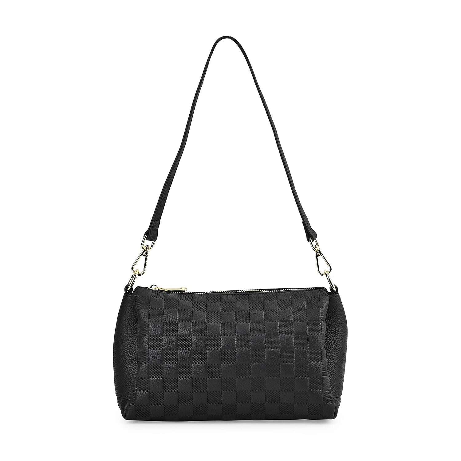 Designer Inspired - 3D Checker Embossed Pattern Genuine Leather Crossbody Bag - Black