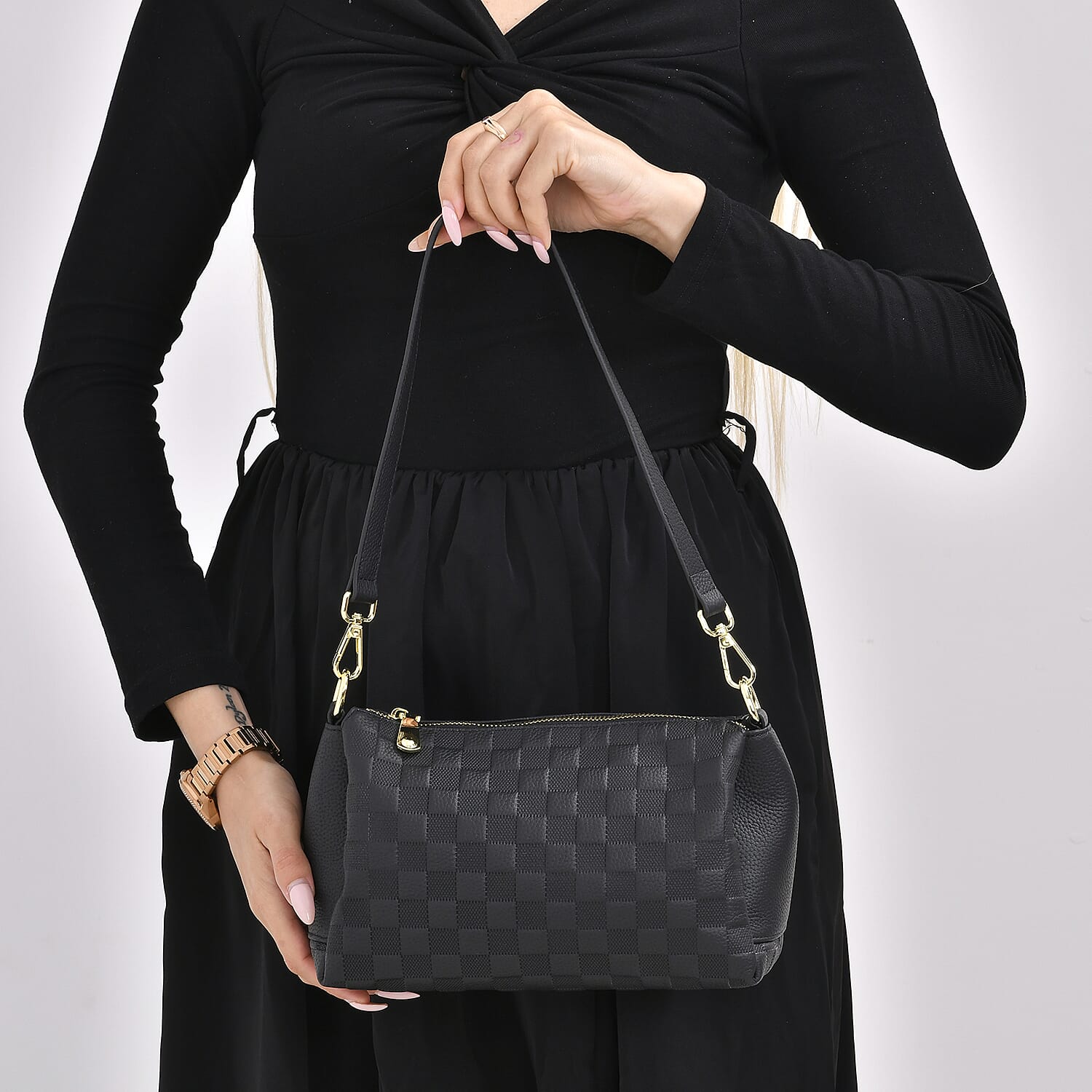 Designer Inspired - 3D Checker Embossed Pattern Genuine Leather Crossbody Bag - Black