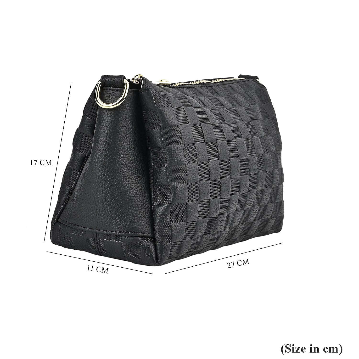 Genuine Leather Checker Crossbody Bag - Black
