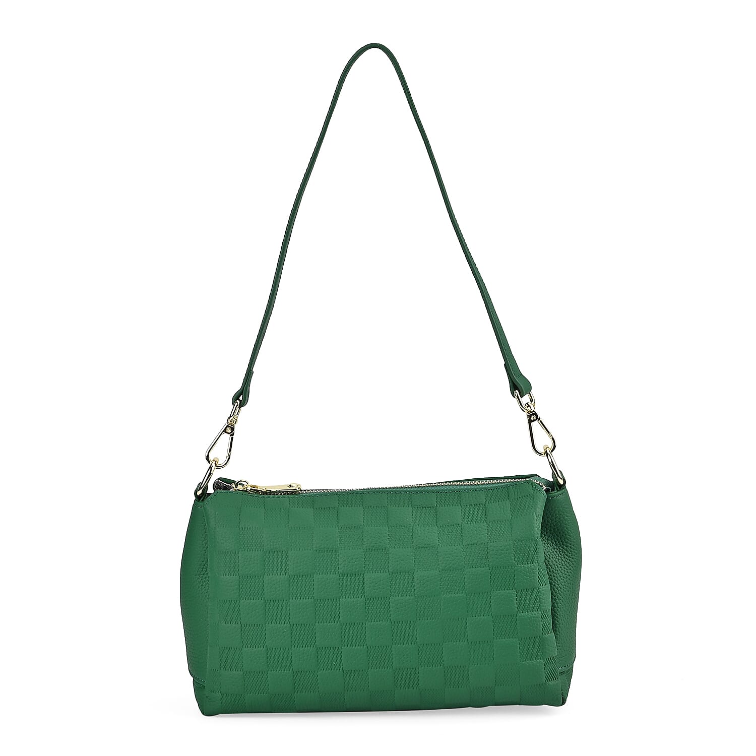 3D Checker Embossed Pattern Genuine Leather Crossbody Bag - Green