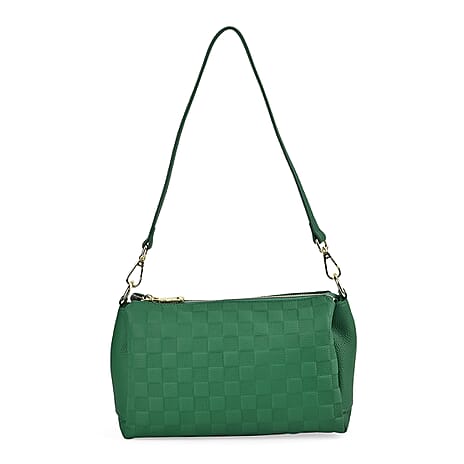 3D Checker Embossed Pattern Genuine Leather Crossbody Bag - Green